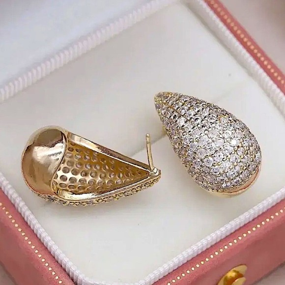 Gold Zircon Water Drop Earrings Luxury Exquisite Tear Drop Gold Plated Gift - Picture 4 of 13